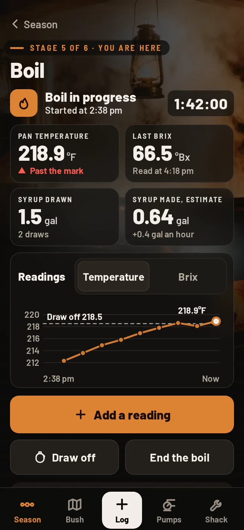SweetRun on a phone: the Boil screen during a boil, pan at 218.9°F, past the draw-off mark.